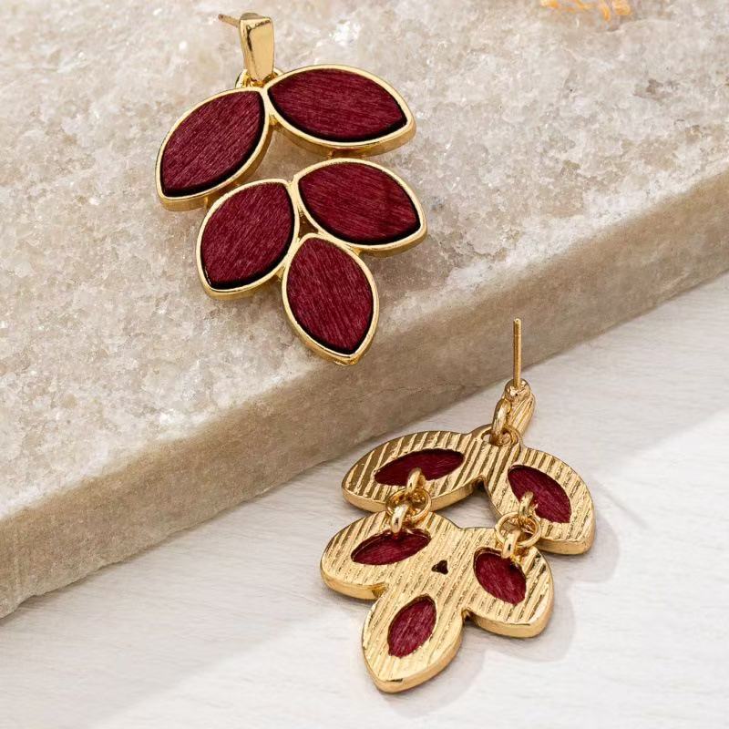 Leaves Earrings For Women In Wine Red Zinc Alloy Featuring Electroplated Finish With 304 Stainless Steel Ear Pins