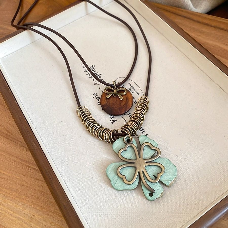 Ethnic Style Pendant Necklace For Women With Wood Braid Pendant In Coffer Color, Mixed Materials