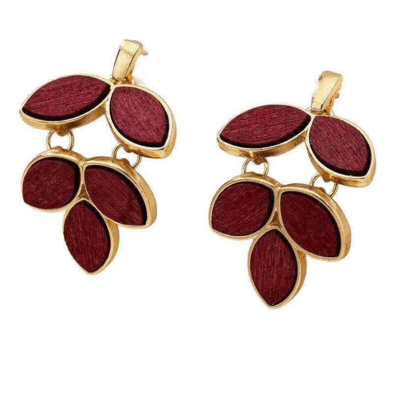 Leaves Earrings For Women In Wine Red Zinc Alloy Featuring Electroplated Finish With 304 Stainless Steel Ear Pins