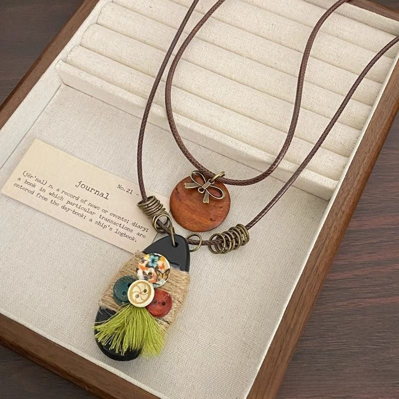 Ethnic Style Pendant Necklace For Women With Wood Braid Pendant In Coffer Color, Mixed Materials