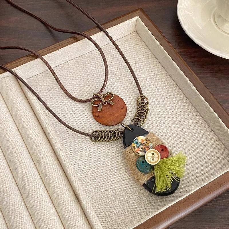 Ethnic Style Pendant Necklace For Women With Wood Braid Pendant In Coffer Color, Mixed Materials