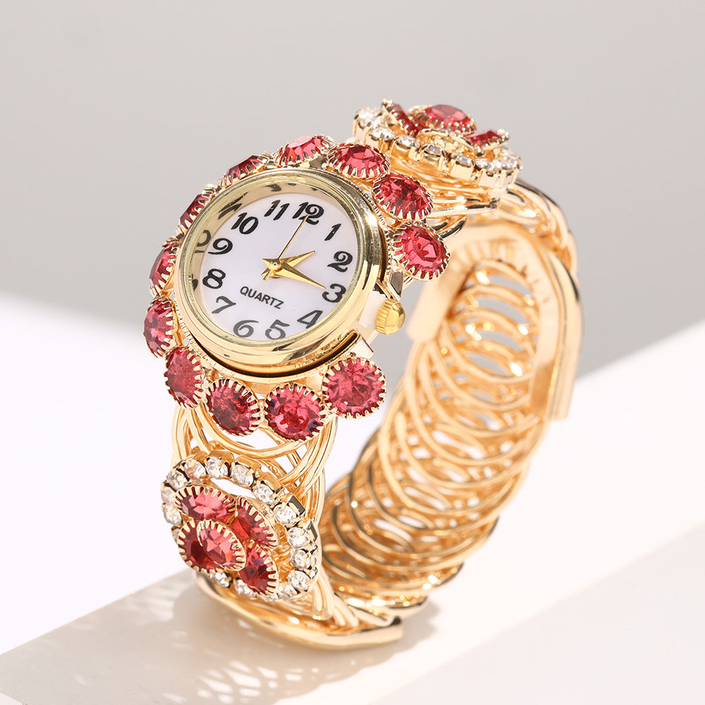 Number Pattern Rose Red Iron Bangle Watch For Women With Electroplated Finish And Rhinestone Inlay