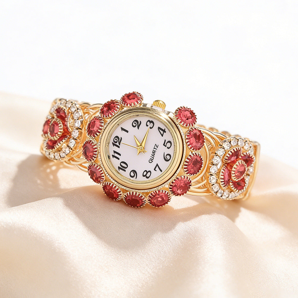 Number Pattern Rose Red Iron Bangle Watch For Women With Electroplated Finish And Rhinestone Inlay