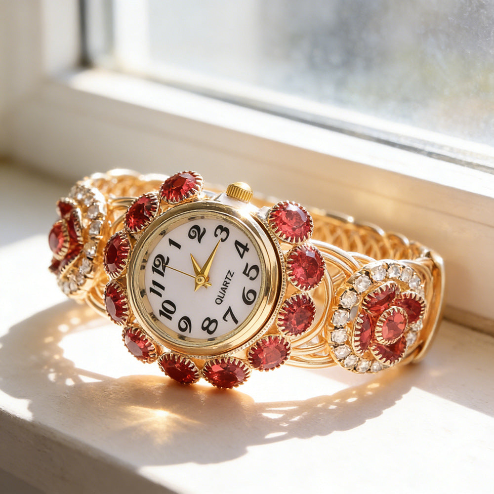 Number Pattern Rose Red Iron Bangle Watch For Women With Electroplated Finish And Rhinestone Inlay