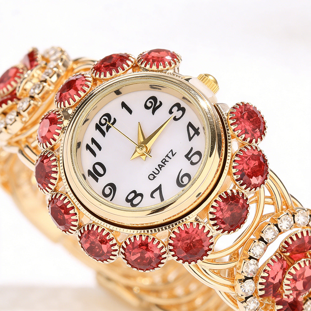 Number Pattern Rose Red Iron Bangle Watch For Women With Electroplated Finish And Rhinestone Inlay
