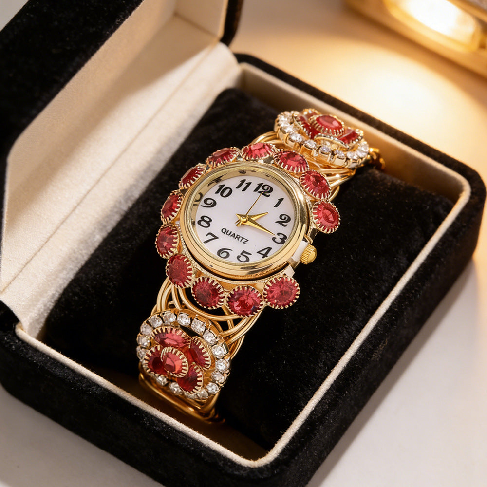 Number Pattern Rose Red Iron Bangle Watch For Women With Electroplated Finish And Rhinestone Inlay