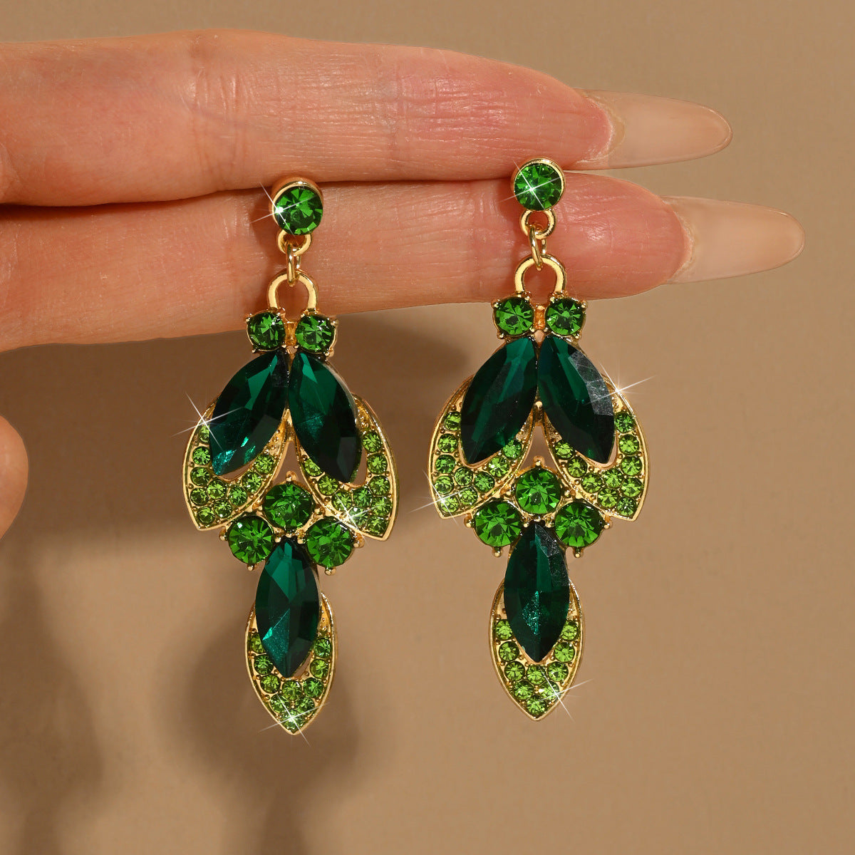 Luxurious Leaf Drop Earrings For Women Featuring May Birthstone Emerald Rhinestones Inlay