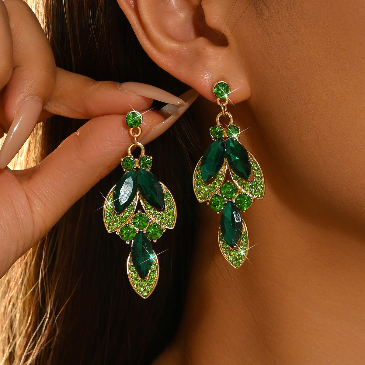 Luxurious Leaf Drop Earrings For Women Featuring May Birthstone Emerald Rhinestones Inlay