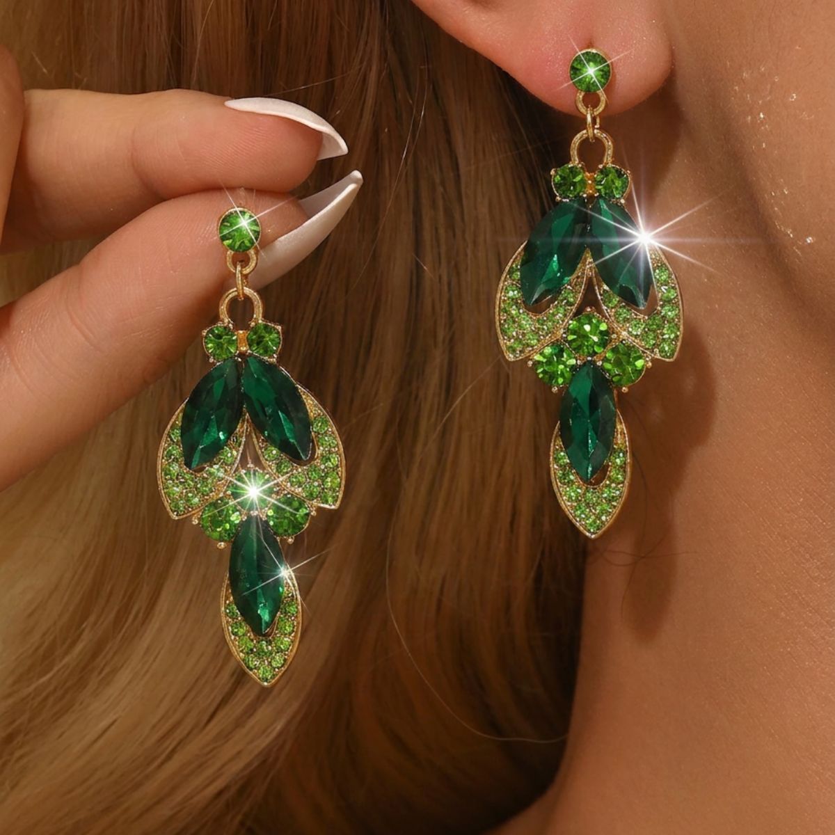 Luxurious Leaf Drop Earrings For Women Featuring May Birthstone Emerald Rhinestones Inlay