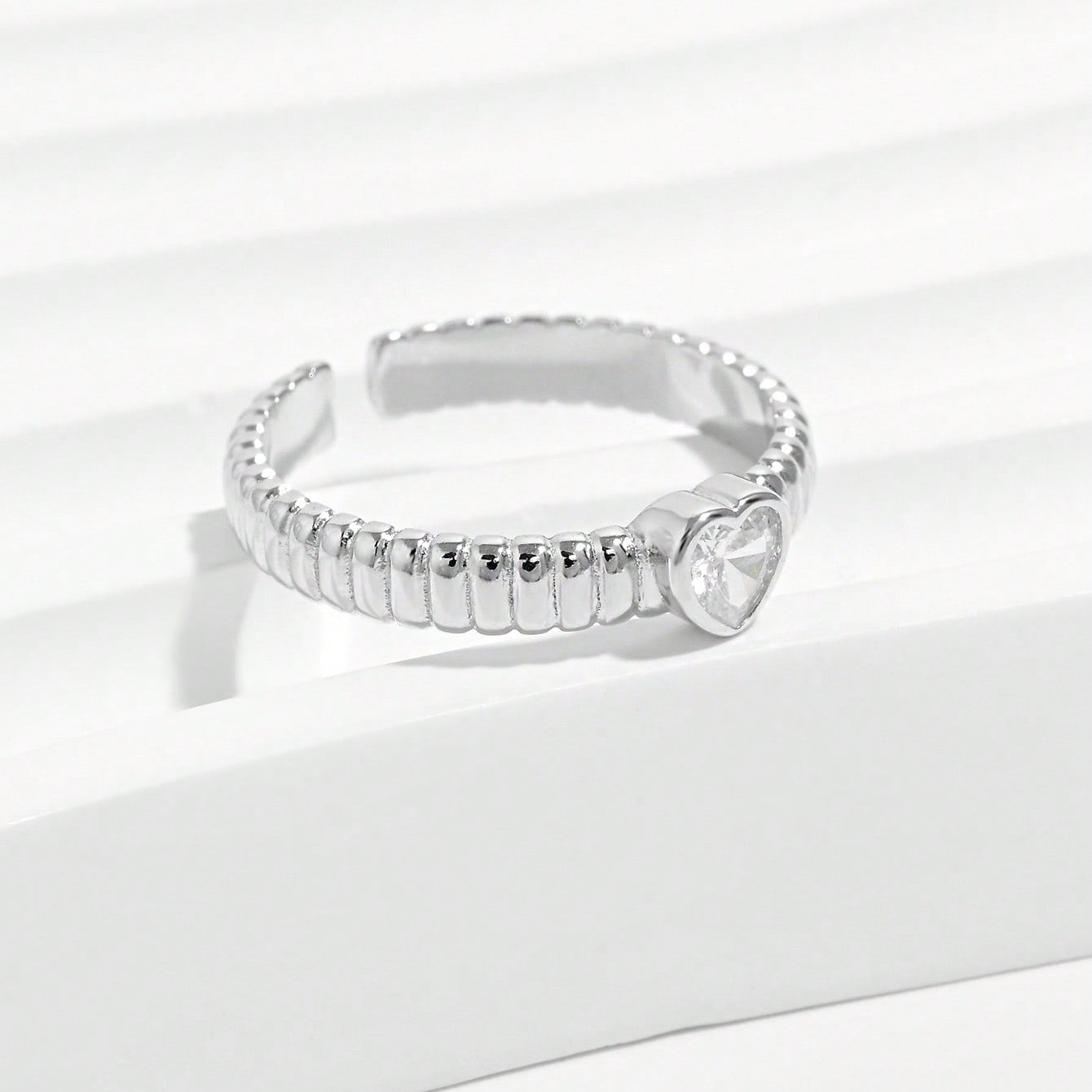 Heart Shape Ring For Women In Silver With Platinum Plated 0.03µm Thickness Featuring Zircon, 1 Piece For Valentine's Day