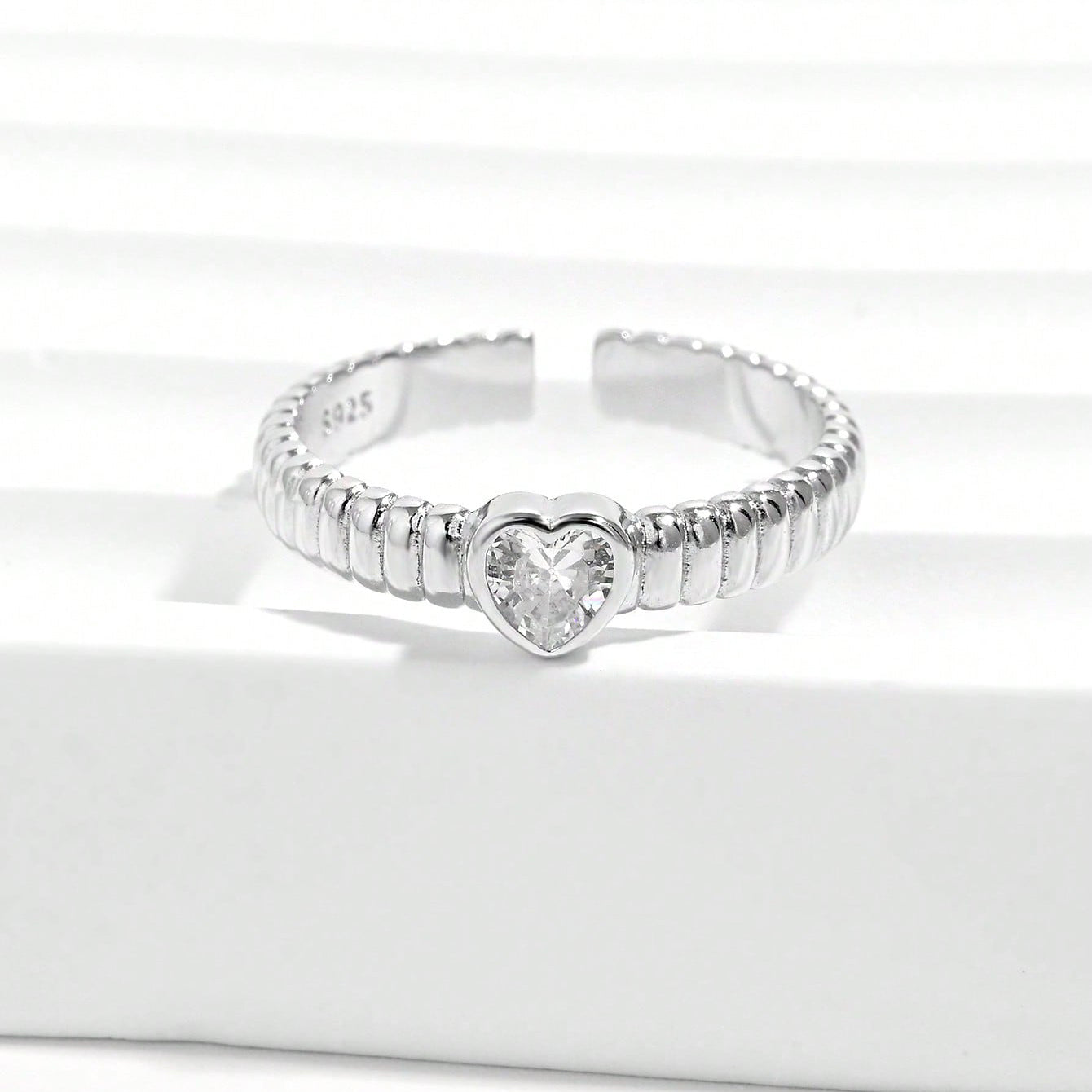 Heart Shape Ring For Women In Silver With Platinum Plated 0.03µm Thickness Featuring Zircon, 1 Piece For Valentine's Day
