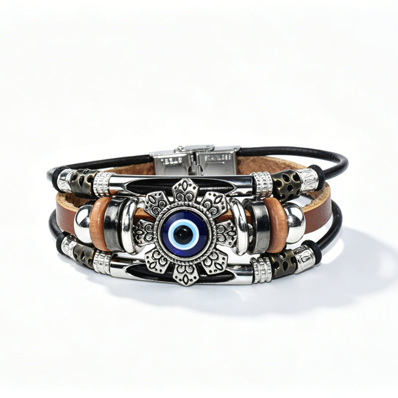 Devil's Eye Braid Bracelet In Blue With Zinc Alloy Pendant, Mixed Materials, Unisex Maillard Style