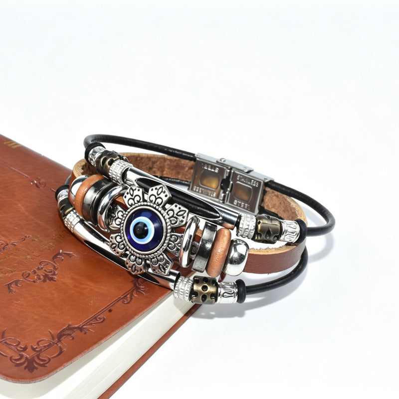 Devil's Eye Braid Bracelet In Blue With Zinc Alloy Pendant, Mixed Materials, Unisex Maillard Style