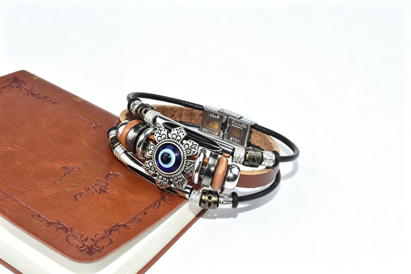 Devil's Eye Braid Bracelet In Blue With Zinc Alloy Pendant, Mixed Materials, Unisex Maillard Style