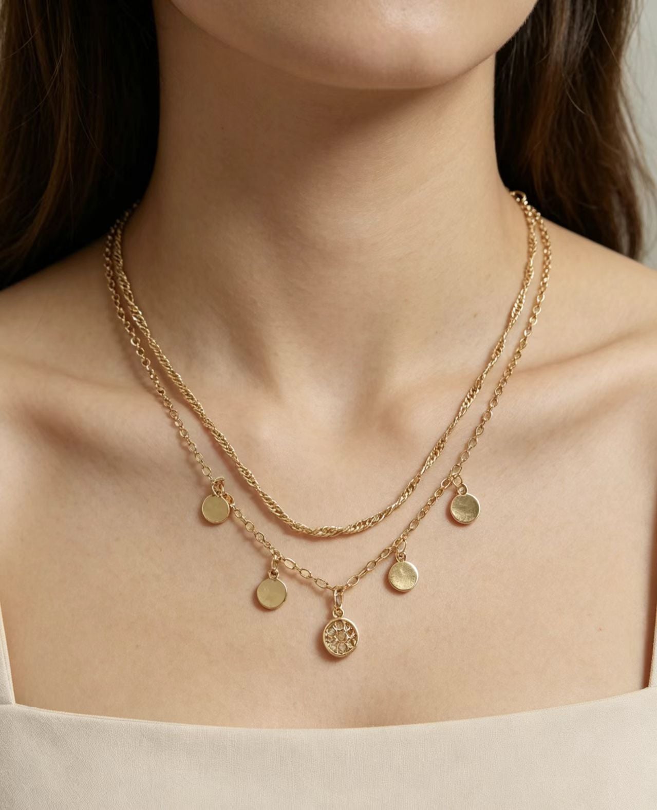 Round Double Layer Necklace For Women With Gold Electroplated Tassel Pendant And Beaded Chain In 304 Stainless Steel