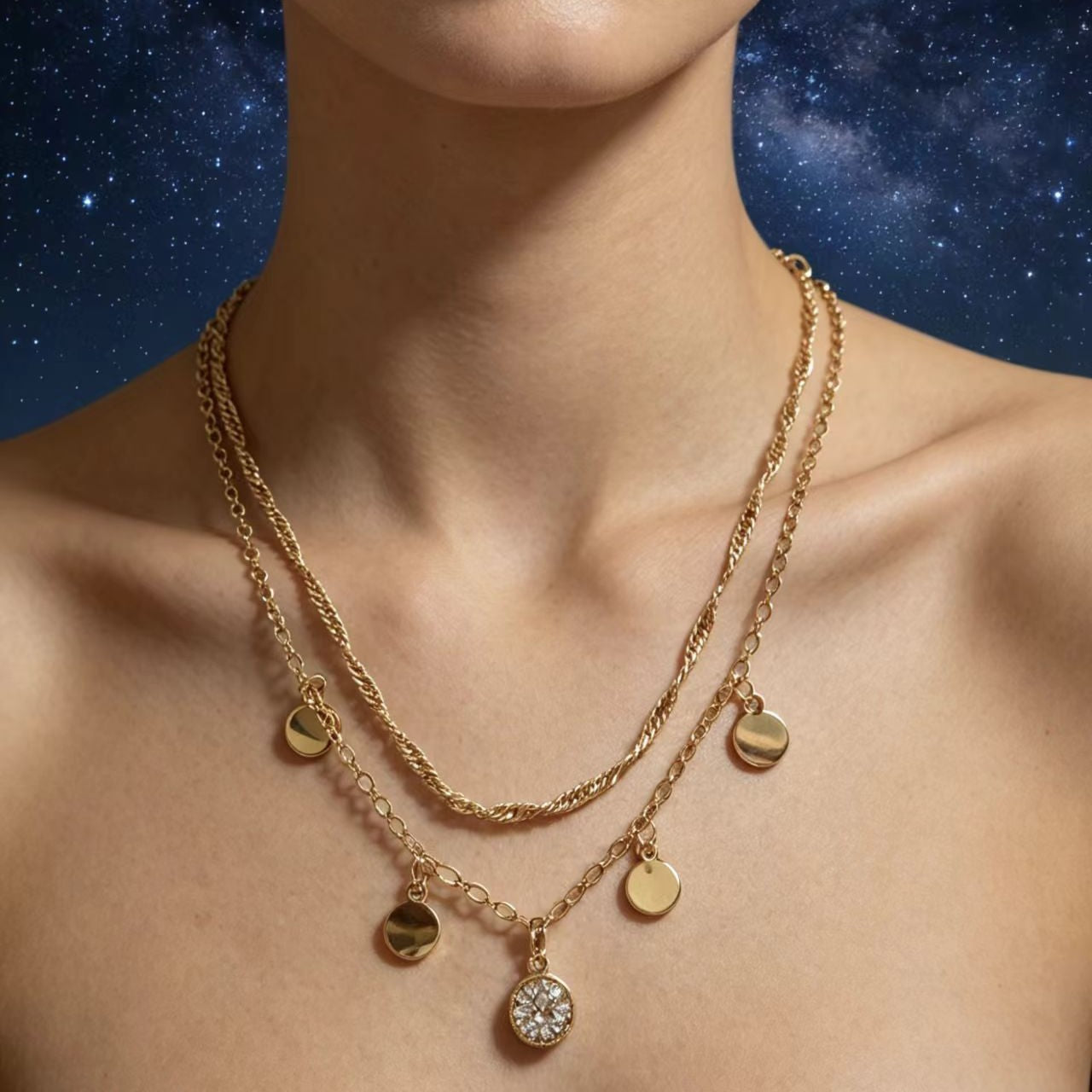 Round Double Layer Necklace For Women With Gold Electroplated Tassel Pendant And Beaded Chain In 304 Stainless Steel