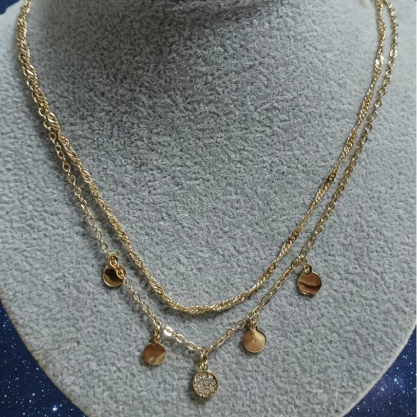 Round Double Layer Necklace For Women With Gold Electroplated Tassel Pendant And Beaded Chain In 304 Stainless Steel