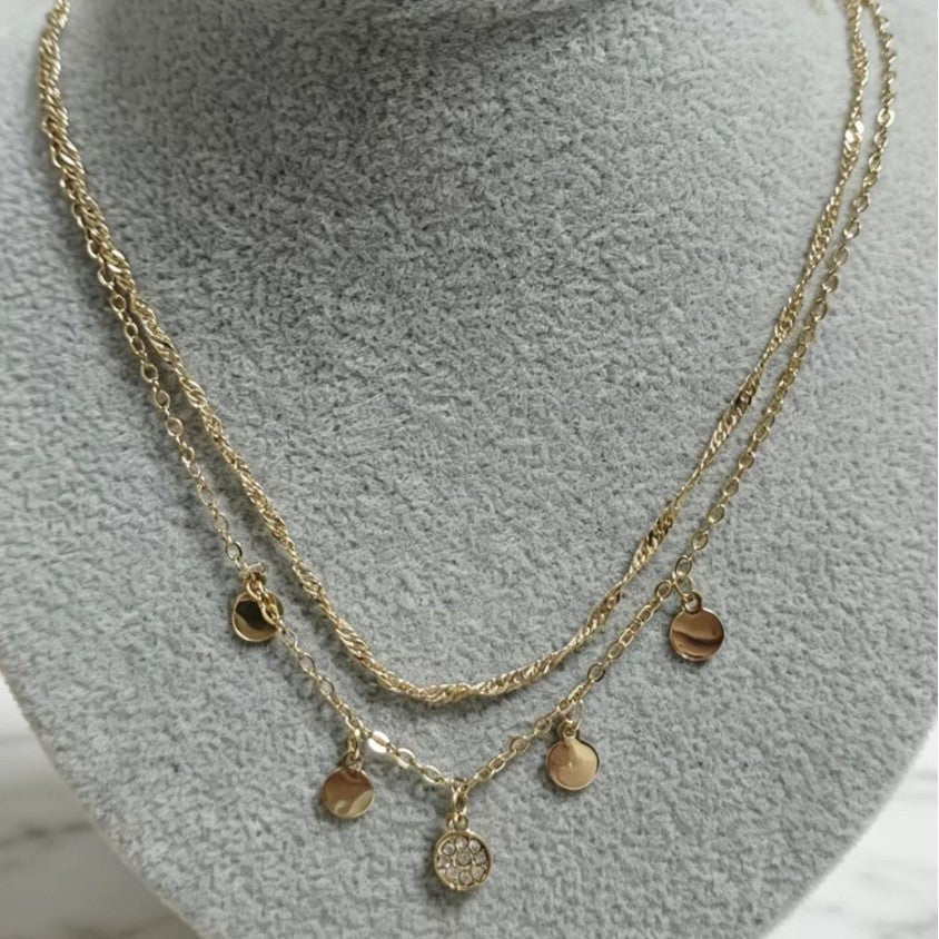 Round Double Layer Necklace For Women With Gold Electroplated Tassel Pendant And Beaded Chain In 304 Stainless Steel