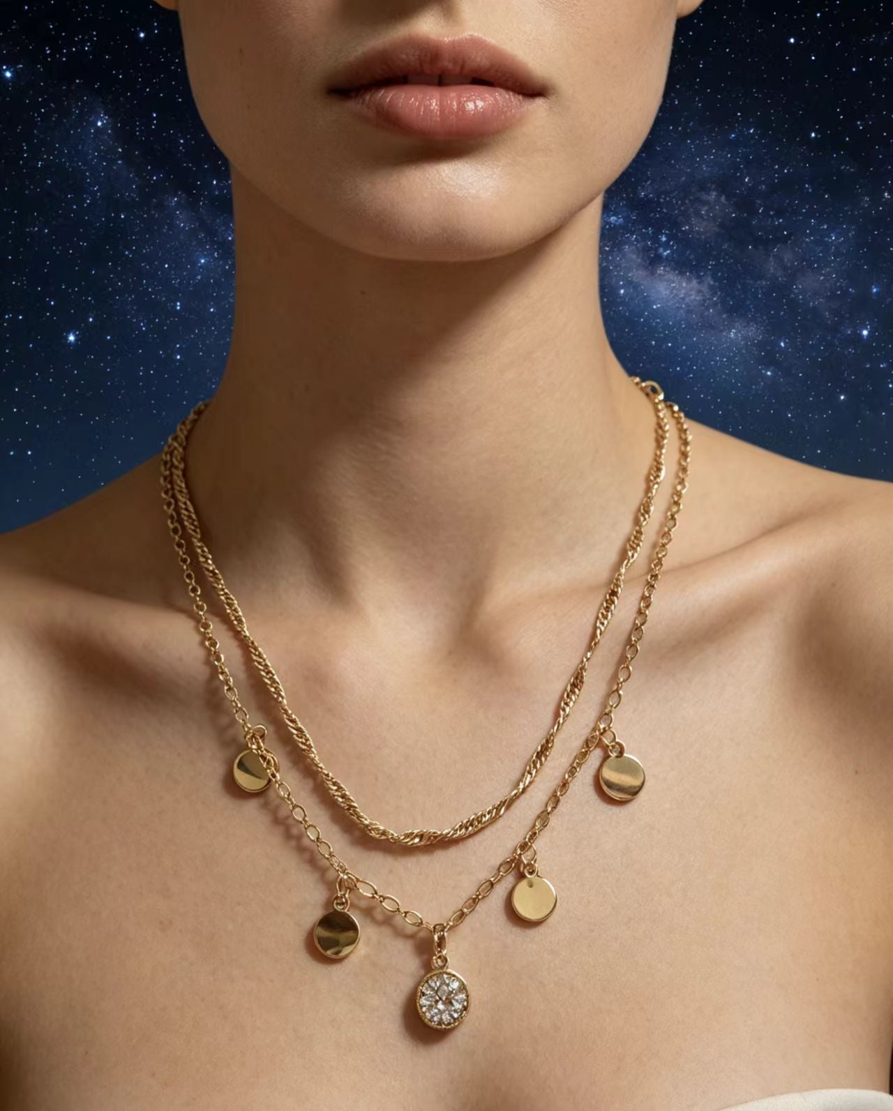 Round Double Layer Necklace For Women With Gold Electroplated Tassel Pendant And Beaded Chain In 304 Stainless Steel