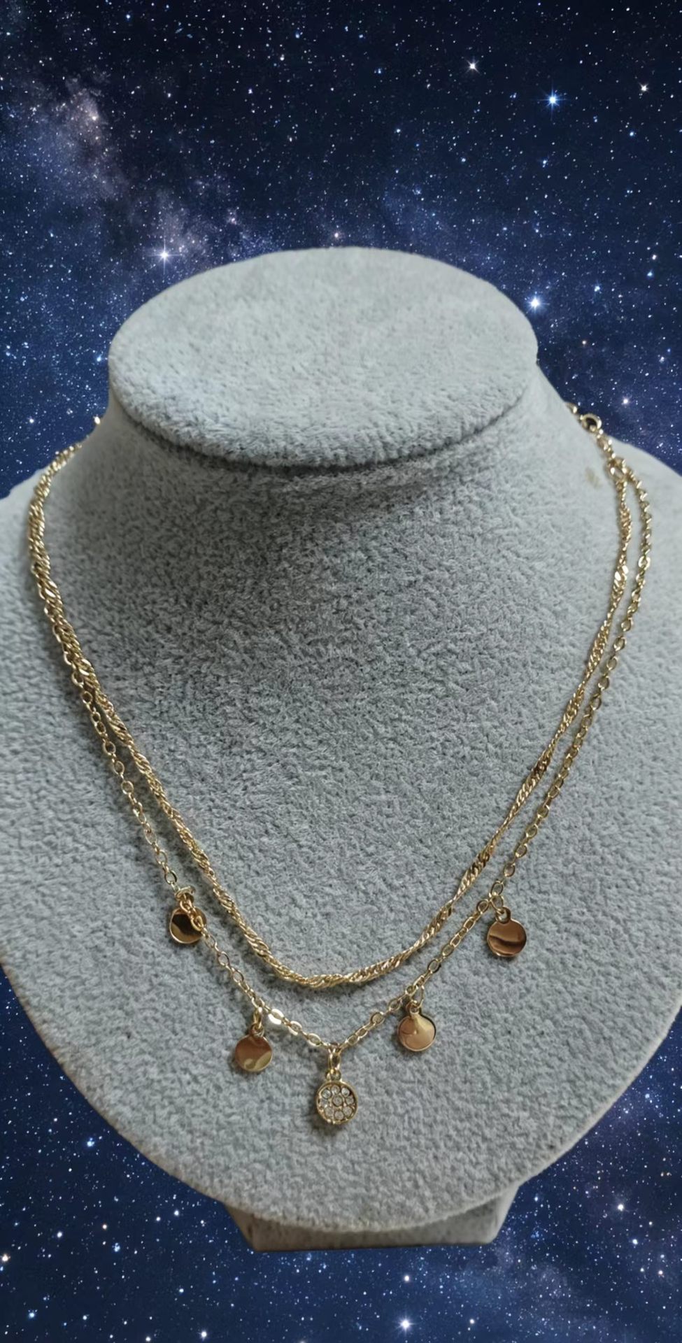 Round Double Layer Necklace For Women With Gold Electroplated Tassel Pendant And Beaded Chain In 304 Stainless Steel