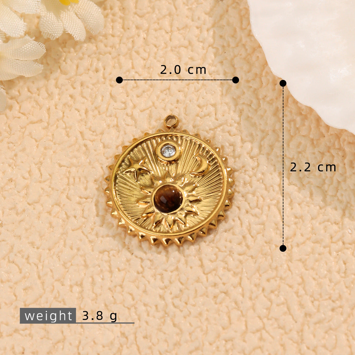 Moon Pendant In 304 Stainless Steel With PVD Coated Electroplated 18K Real Gold Plating And Natural Stone Inlay