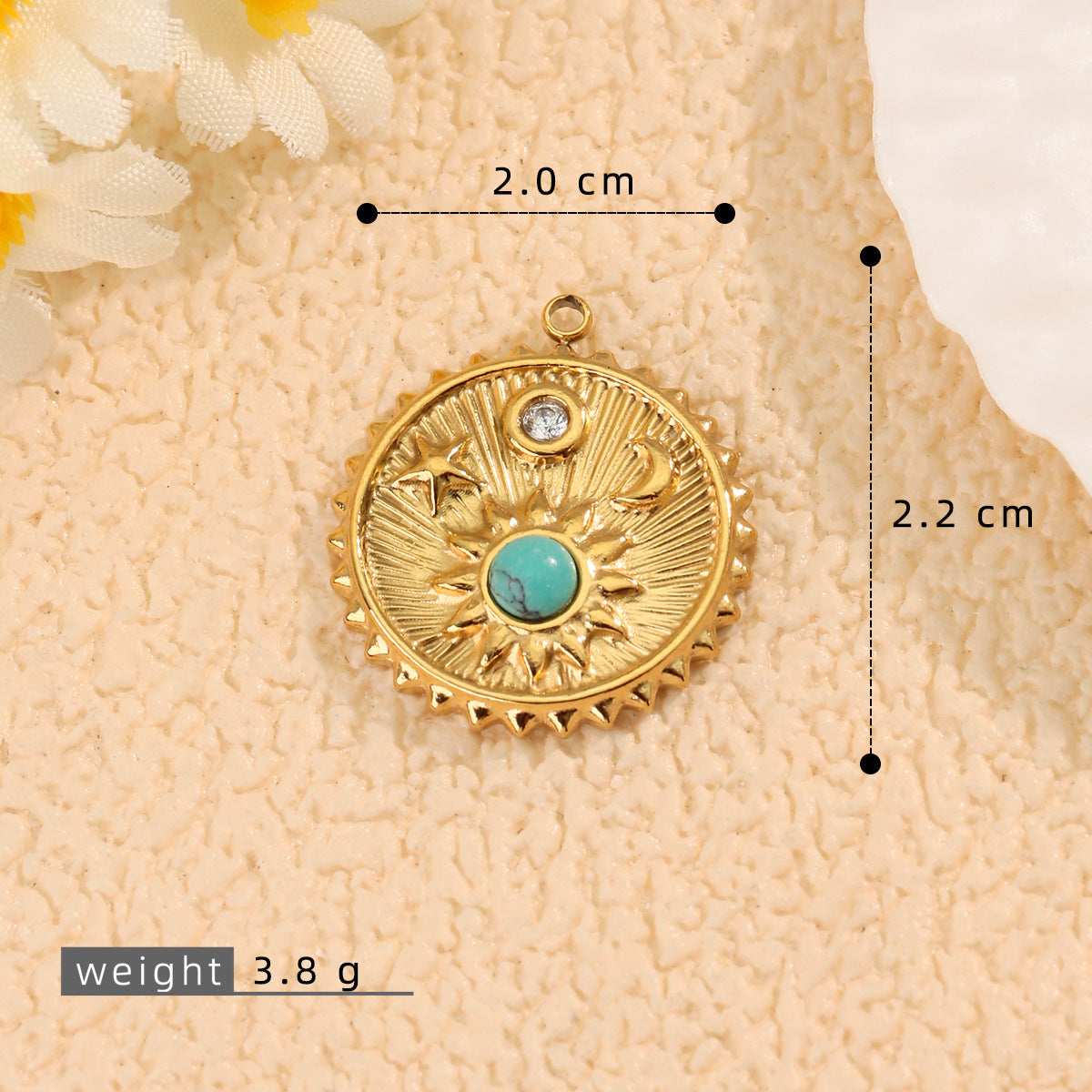 Moon Pendant In 304 Stainless Steel With PVD Coated Electroplated 18K Real Gold Plating And Natural Stone Inlay