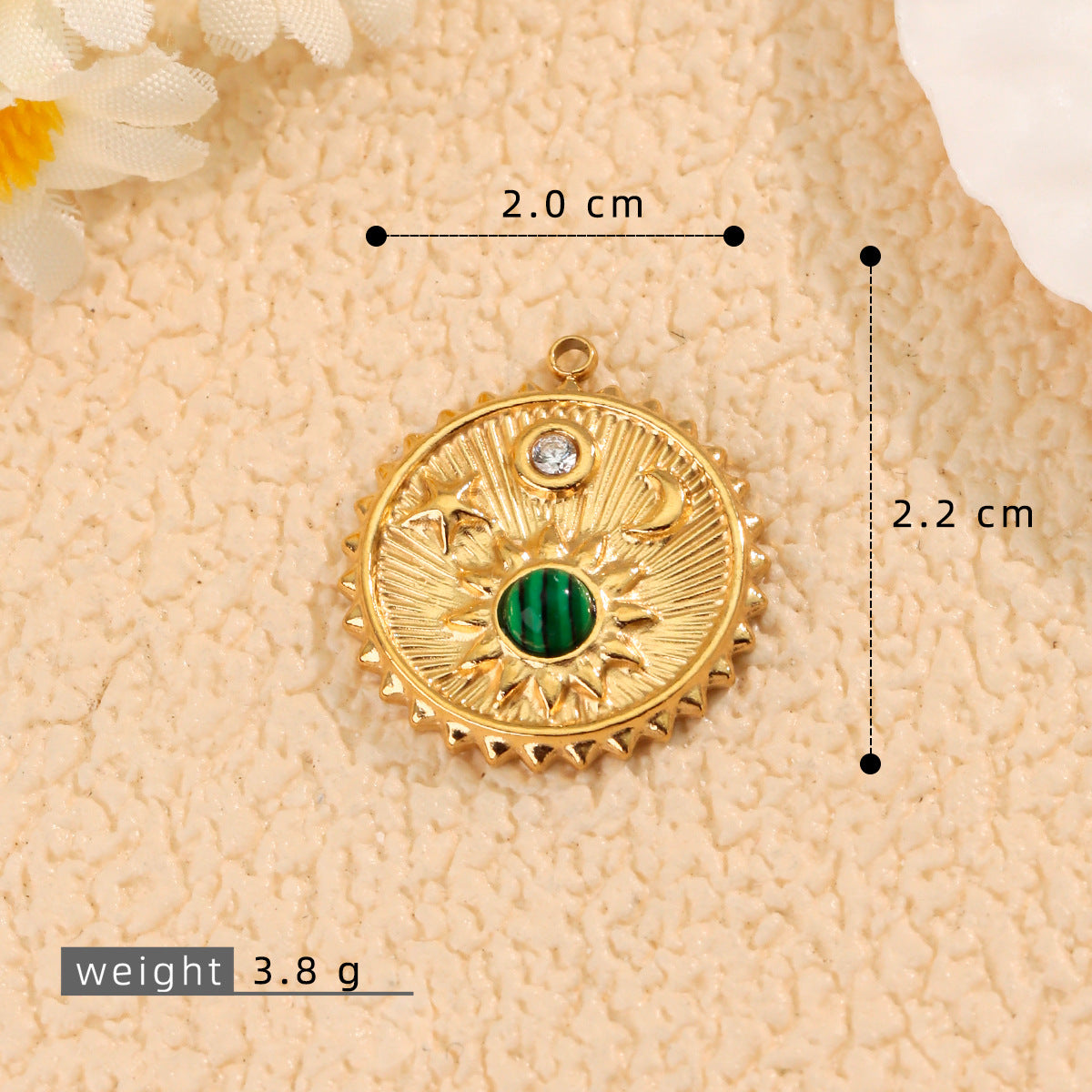 Moon Pendant In 304 Stainless Steel With PVD Coated Electroplated 18K Real Gold Plating And Natural Stone Inlay