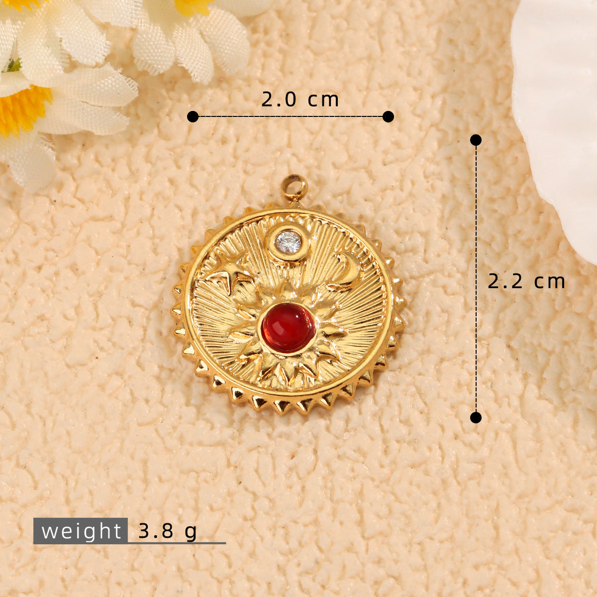 Moon Pendant In 304 Stainless Steel With PVD Coated Electroplated 18K Real Gold Plating And Natural Stone Inlay