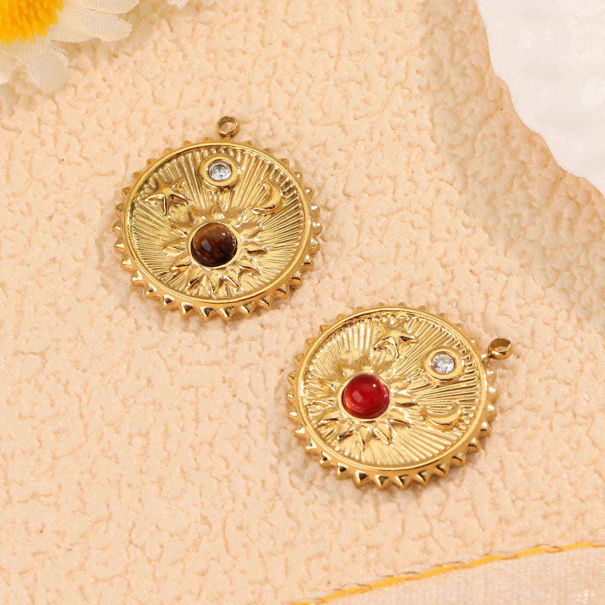 Moon Pendant In 304 Stainless Steel With PVD Coated Electroplated 18K Real Gold Plating And Natural Stone Inlay