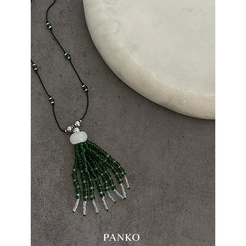 Ethnic Style Tassel Necklace For Women With Handmade Chain Featuring Green Seed Bead Beading