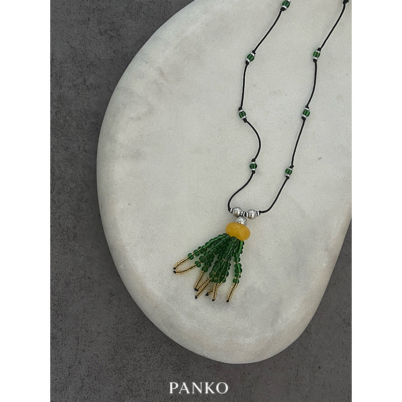 Ethnic Style Tassel Necklace For Women With Handmade Chain Featuring Green Seed Bead Beading