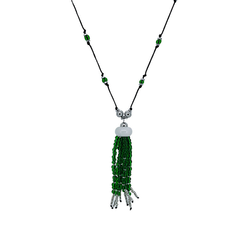 Ethnic Style Tassel Necklace For Women With Handmade Chain Featuring Green Seed Bead Beading
