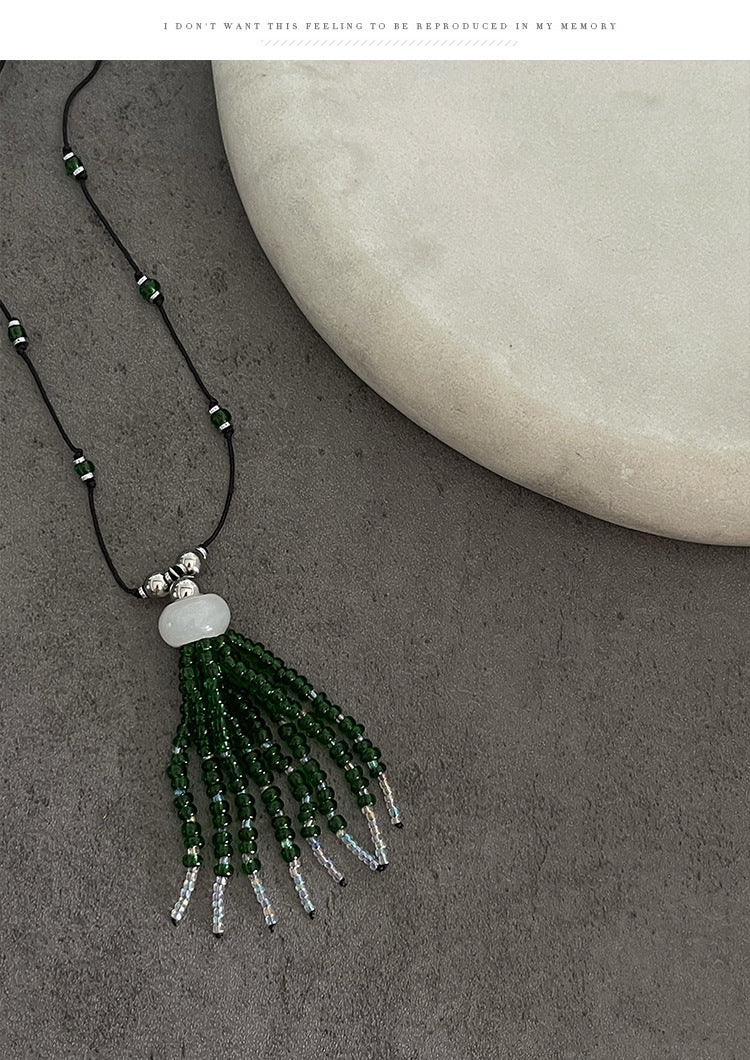 Ethnic Style Tassel Necklace For Women With Handmade Chain Featuring Green Seed Bead Beading
