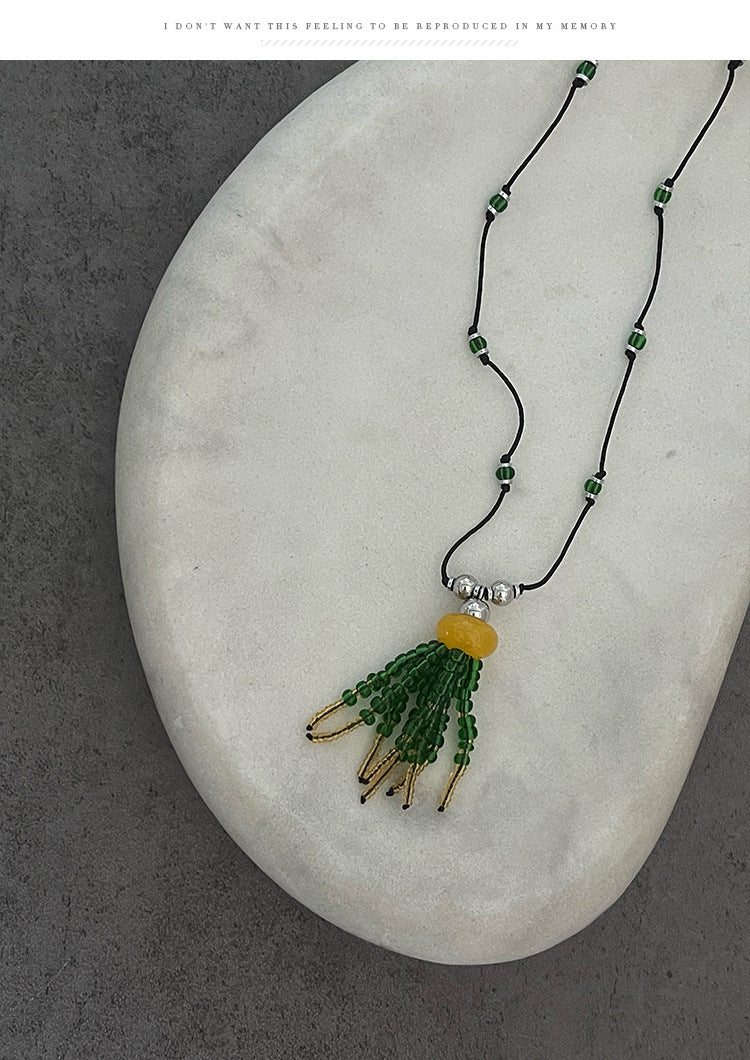 Ethnic Style Tassel Necklace For Women With Handmade Chain Featuring Green Seed Bead Beading