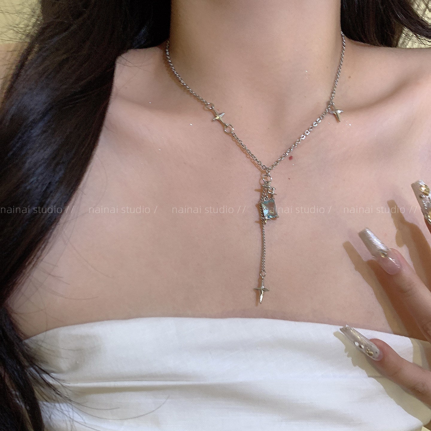 Blue Tassel Necklace For Women Featuring Copper Pendant And 304 Stainless Steel With Zircon Inlay