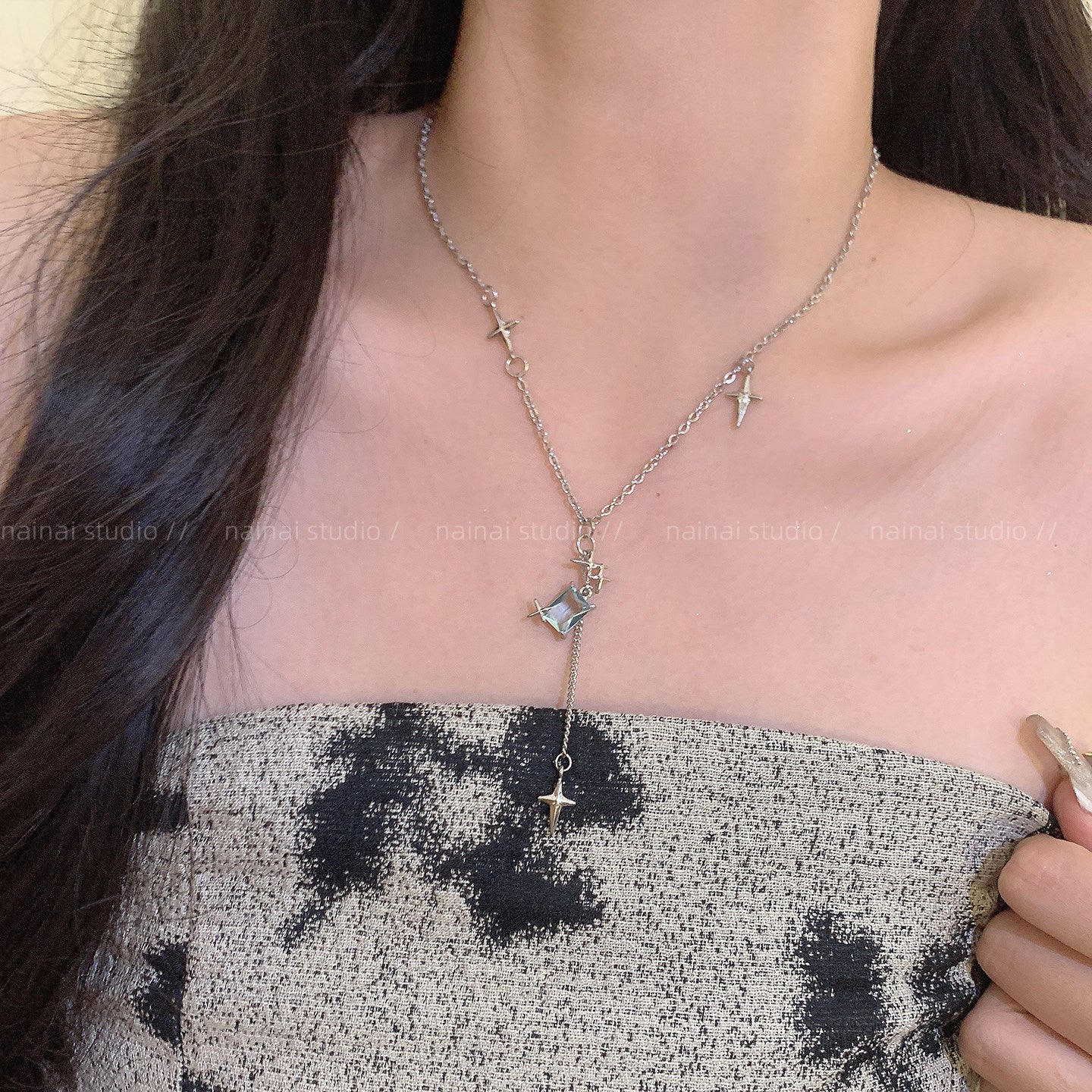 Blue Tassel Necklace For Women Featuring Copper Pendant And 304 Stainless Steel With Zircon Inlay