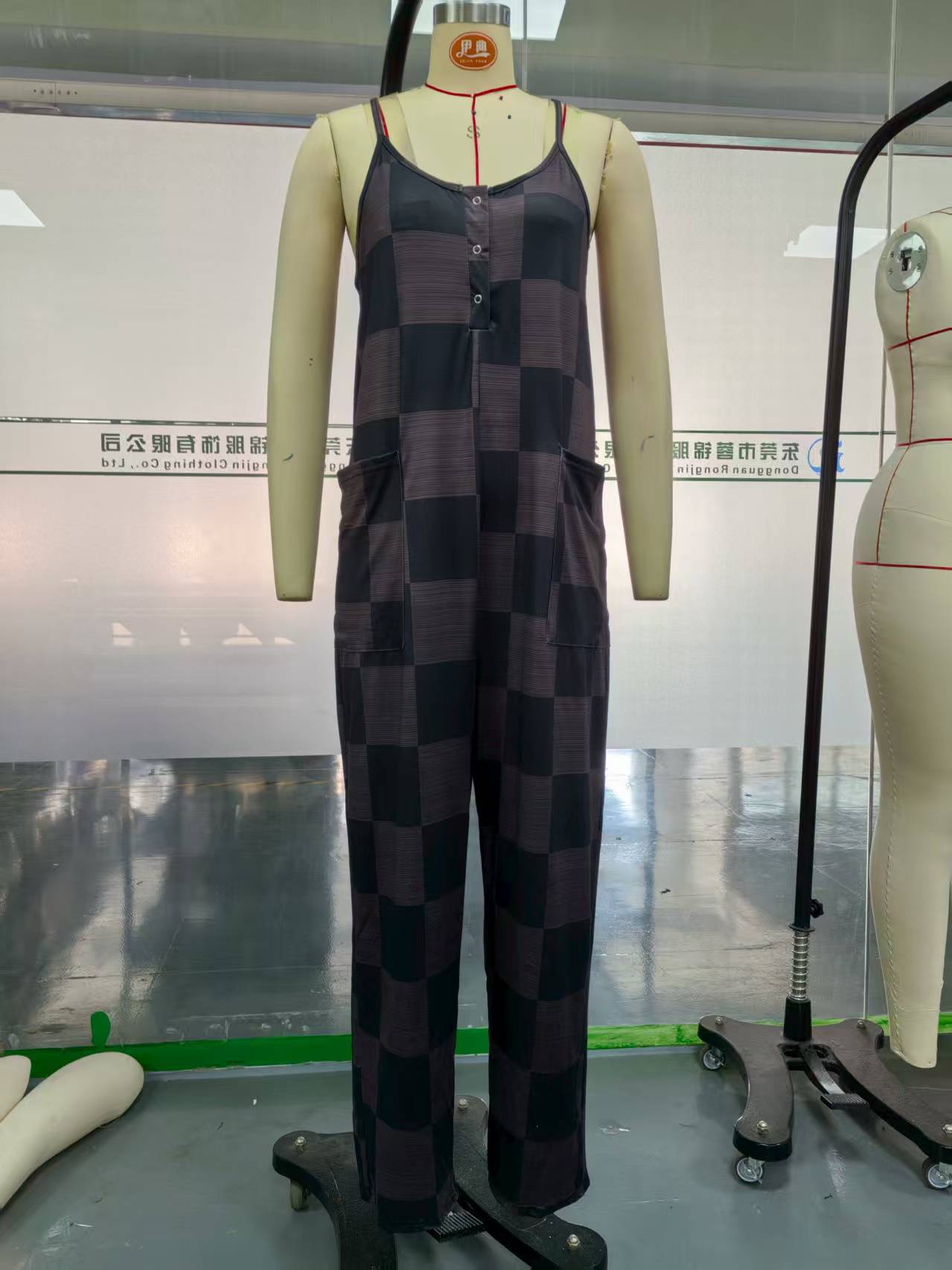Casual Plaid Full Length Jumpsuit For Women In Polyester Fabric Featuring Printing Craft
