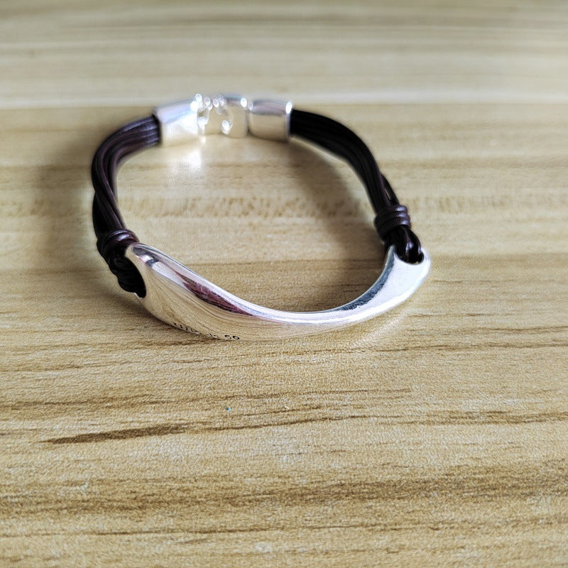 Geometric Copper Bracelets For Women With Electroplated Gold Plating Featuring Leather Rope Chain In Silver