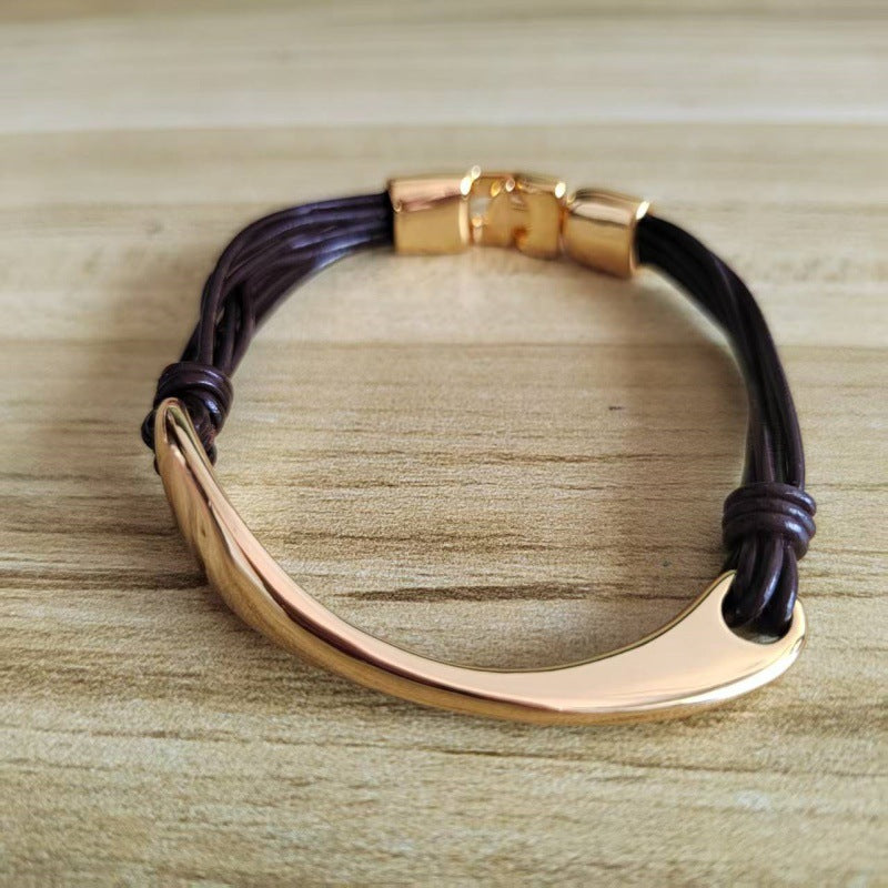 Geometric Copper Bracelets For Women With Electroplated Gold Plating Featuring Leather Rope Chain In Silver