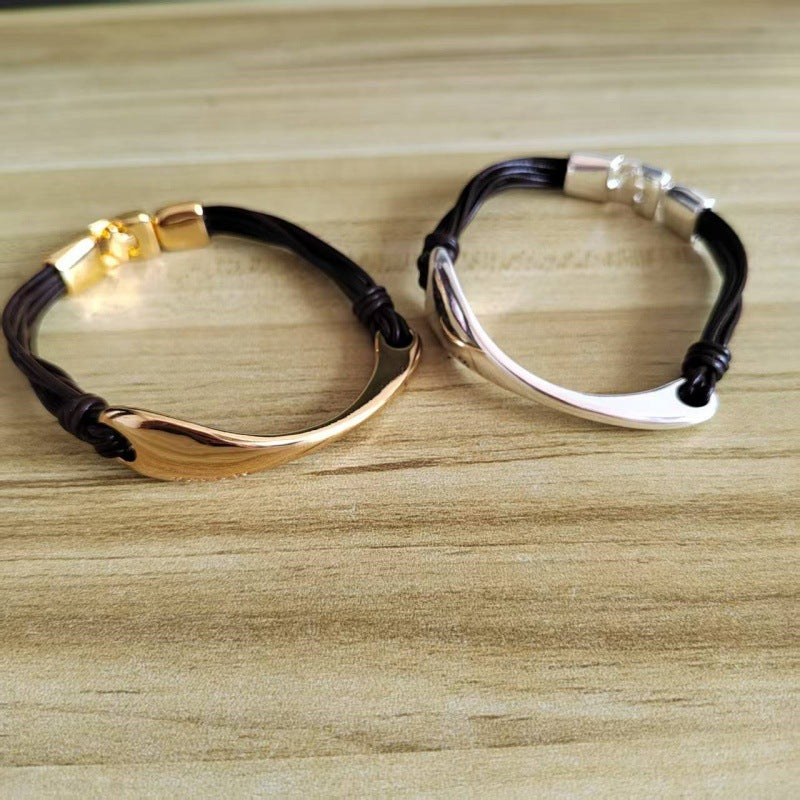 Geometric Copper Bracelets For Women With Electroplated Gold Plating Featuring Leather Rope Chain In Silver