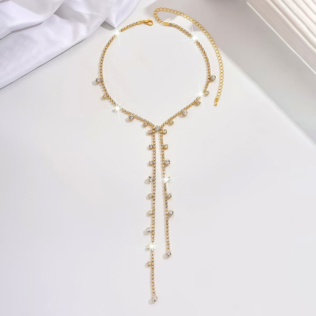 Gold Tassel Long Necklace For Women With Copper Pendant And Rhinestone Inlay, Made Of 304 Stainless Steel