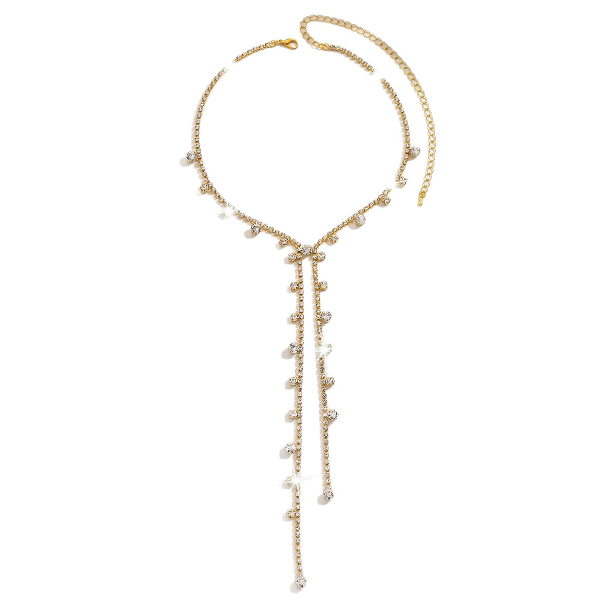 Gold Tassel Long Necklace For Women With Copper Pendant And Rhinestone Inlay, Made Of 304 Stainless Steel