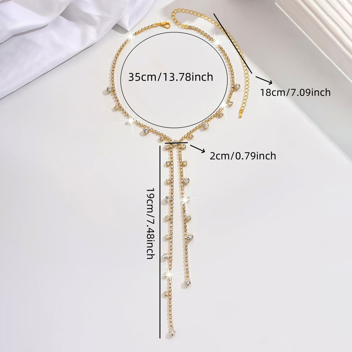 Gold Tassel Long Necklace For Women With Copper Pendant And Rhinestone Inlay, Made Of 304 Stainless Steel