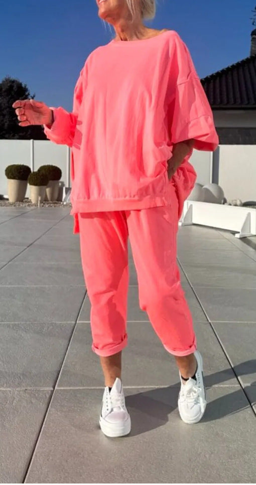Casual Solid Color Polyester Sweatpants 2 Pieces Pant Co-ord Set With Round Neck