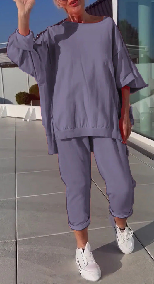 Casual Solid Color Polyester Sweatpants 2 Pieces Pant Co-ord Set With Round Neck