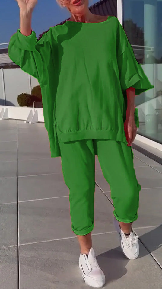 Casual Solid Color Polyester Sweatpants 2 Pieces Pant Co-ord Set With Round Neck