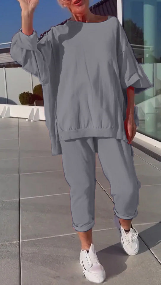 Casual Solid Color Polyester Sweatpants 2 Pieces Pant Co-ord Set With Round Neck