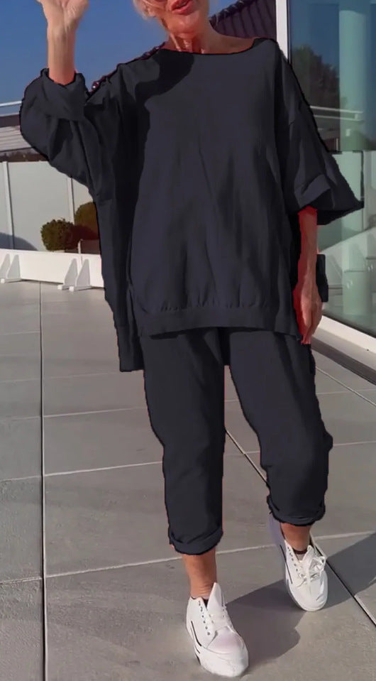 Casual Solid Color Polyester Sweatpants 2 Pieces Pant Co-ord Set With Round Neck