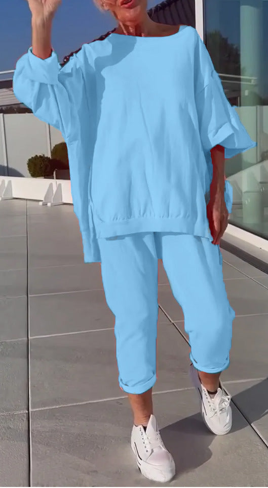 Casual Solid Color Polyester Sweatpants 2 Pieces Pant Co-ord Set With Round Neck