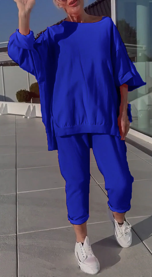 Casual Solid Color Polyester Sweatpants 2 Pieces Pant Co-ord Set With Round Neck